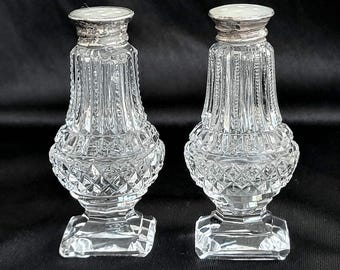 Antique Roden Bros. Sterling Silver & Cut Crystal Salt and Pepper Shakers, Mother of Pearl Inlay, 1910s, "As-Is"