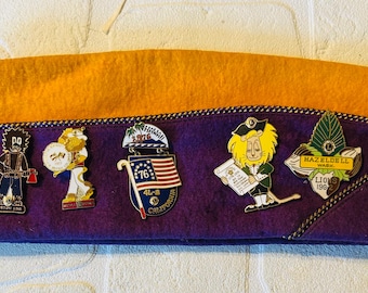 Lions Club Attendance pins and hat,  vintage 70s.  8 large pins and one small pin.  From many different states and meetings