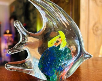Vintage Murano Style Art Glass Angelfish Paperweight • Hand-Blown Tropical Figurine with Embedded Fish & Coral Reef Base • Coastal Decor