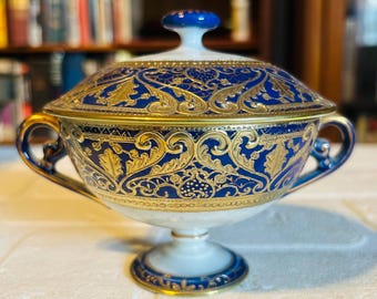 Old Nippon Sugar Bowl, Antique Cobalt Blue Porcelain, Gold Moriage Covered Dish, Gilded Footed Compote, Unmarked Noritake Era, pre-1920s.