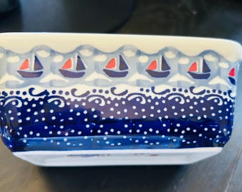 Signed Polish Pottery Rectangular Dish Shape 287 by Manufaktura | J. Marecka Sailboat Pattern Boleslawiec Stoneware 6.25” x 3.5” Rare design
