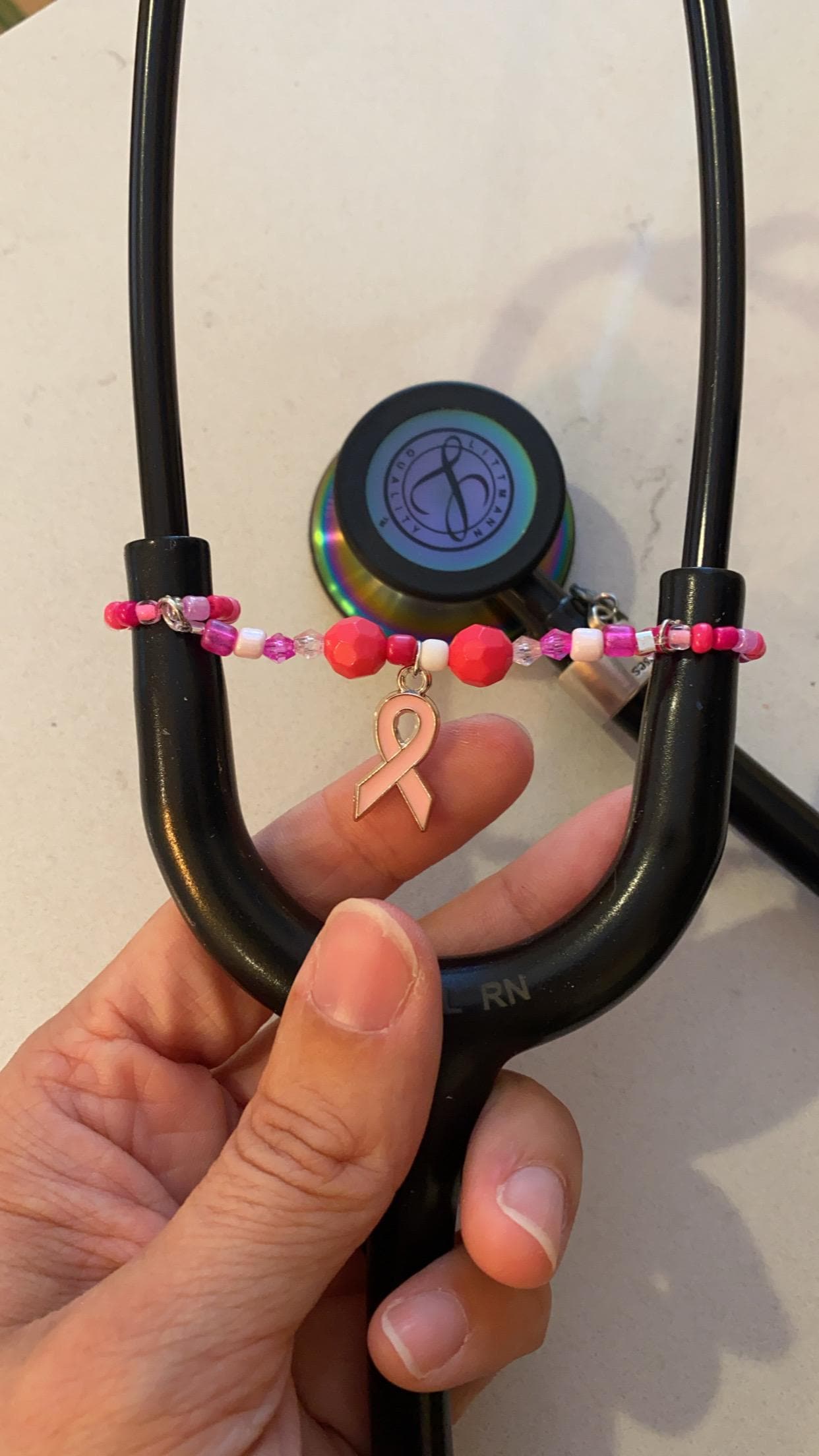 Beaded Stethoscope Charm - Breast Cancer Awareness