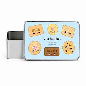 May include: A rectangular metal tin featuring a light blue background with cartoon cookies. The design includes a "Nice" biscuit, a custard cream, and a bourbon biscuit. The text "Your text here" is also on the tin.