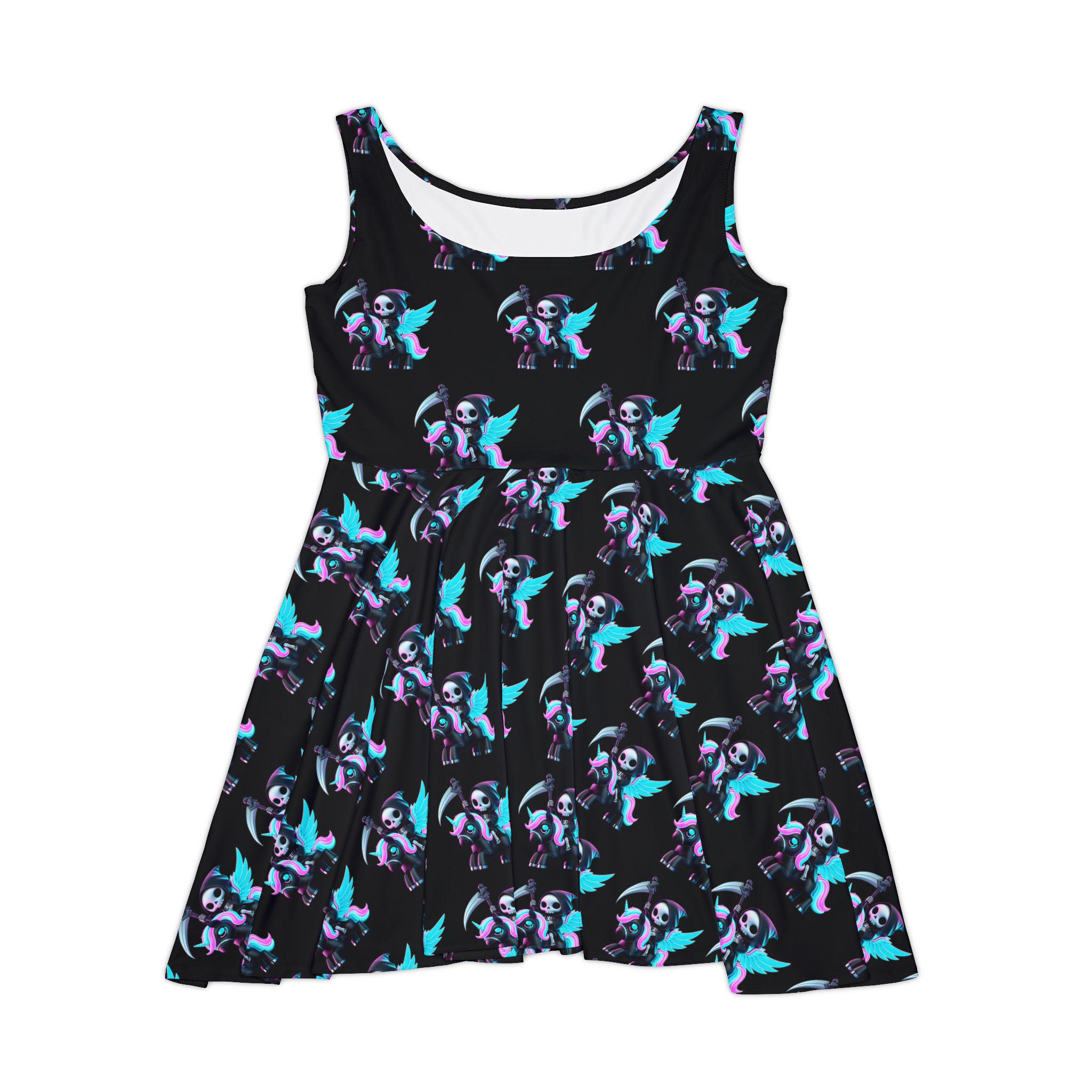 Skater Dress Grim Reaper Riding Unicorn Graphic Women s Apparel Unique Dress Trendy Fashion Alternative Clothing
