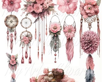 Ensemble de 9 cliparts Boho, Boho Accents Clipart, Boho Rose JPG, Boho Feather JPG, Boho Dreamcatcher Clipart, Clipart Boho Chic, Boho Bouque