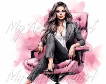 15 Girl Boss Pink Clipart, Light Skin Women Clipart, Pink Studio Office, Female Boss Illustration, Watercolor Women Clipart, Boss Lady Art