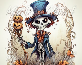 Könnte beinhalten: Cartoon-Illustration eines Skelett-Charakters mit blauem Zylinder und Mantel sowie einer orangefarbenen Fliege. Das Skelett hält einen Stab mit zwei geschnitzten Kürbissen. Der Hintergrund zeigt Herbstblätter und stilisierte Blätter.