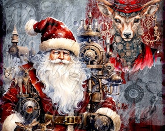 12 Steampunk Christmas Santa JPG, Steampunk Holiday Clipart, Xmas Watercolor Clipart jpg, Digital Pocket Cards, Escape Art, Christmas Clipar