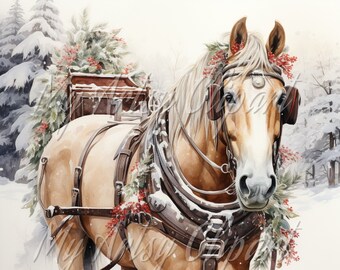 9 Noël aquarelle clipart jpg, cheval junk journal clipart, cheval et buggy, traîneau tiré par des chevaux, carte de Noël cheval, Vision Board clipart