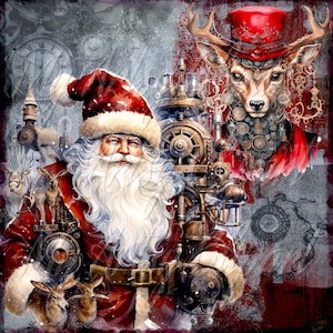 12 Steampunk Christmas Santa JPG, Steampunk Holiday Clipart, Xmas Watercolor Clipart jpg, Digital Pocket Cards, Escape Art, Christmas Clipar