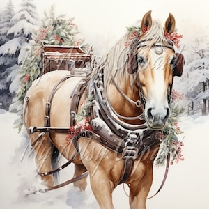 9 clipart acquerello di Natale jpg, clipart di diario spazzatura di cavallo, cavallo e buggy, slitta trainata da cavalli, cartolina di Natale del cavallo, clipart Vision Board