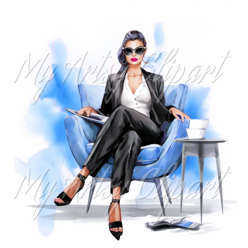 8 Girl Boss Blue Clipart, Light Skin Women Clipart, Blue Studio Office, Female Boss Illustration, Watercolor Women Clipart, Boss Lady Art image 3