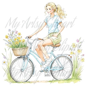 17 Spaß Frühling Aktivität Fahrrad Clipart, Wilde Blumen JPG, Floral Fahrrad, Outdoor Clipart, Straßenradfahren, Frühlingsblume JPG, Mädchen Radfahren