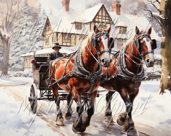 16 Cheval et buggy, Clipart carte de Noël cheval, traîneau tiré par des chevaux, calèche, cheval Junk Journal Clipart, Clipart Vision Board