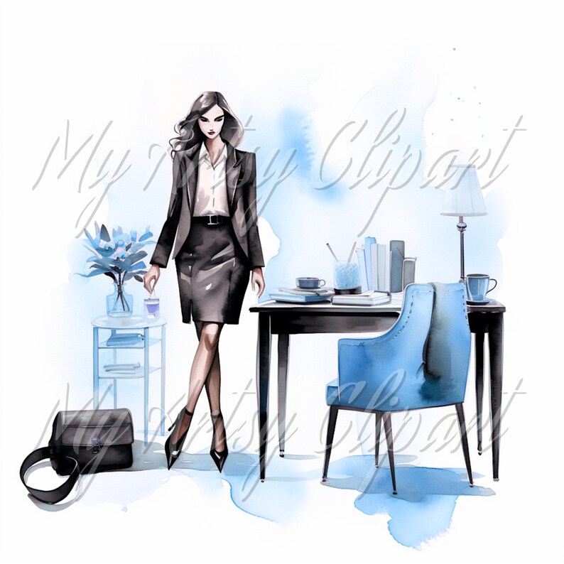 8 Girl Boss Blue Clipart, Light Skin Women Clipart, Blue Studio Office, Female Boss Illustration, Watercolor Women Clipart, Boss Lady Art image 5