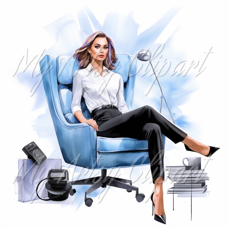 8 Girl Boss Blue Clipart, Light Skin Women Clipart, Blue Studio Office, Female Boss Illustration, Watercolor Women Clipart, Boss Lady Art image 8