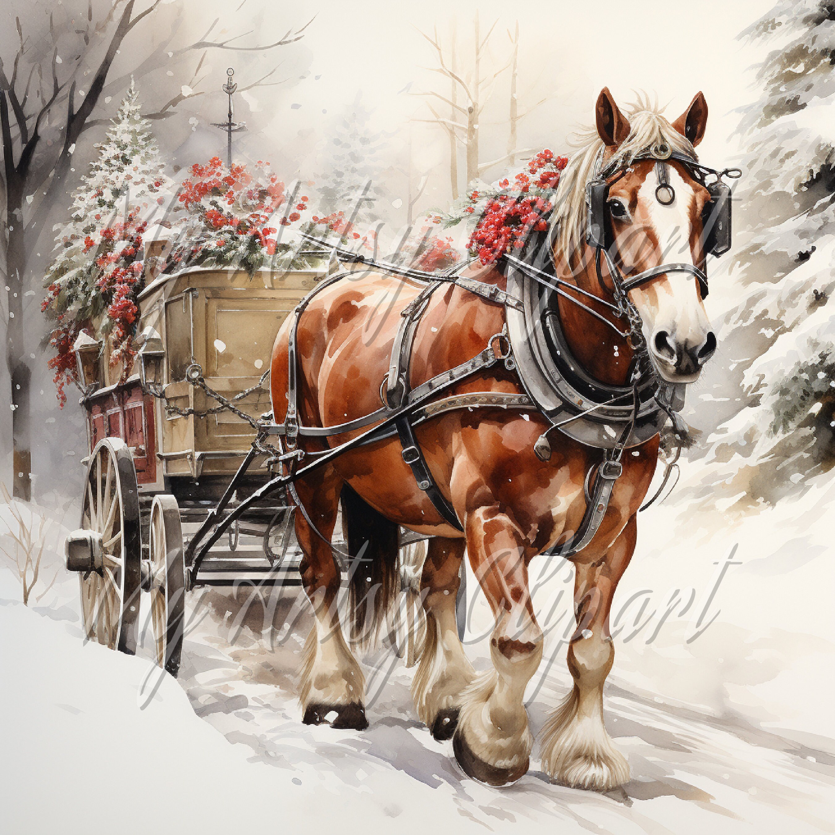 9 Xmas Watercolor Clipart Jpg, Horse Junk Journal Clipart, Horse and ...