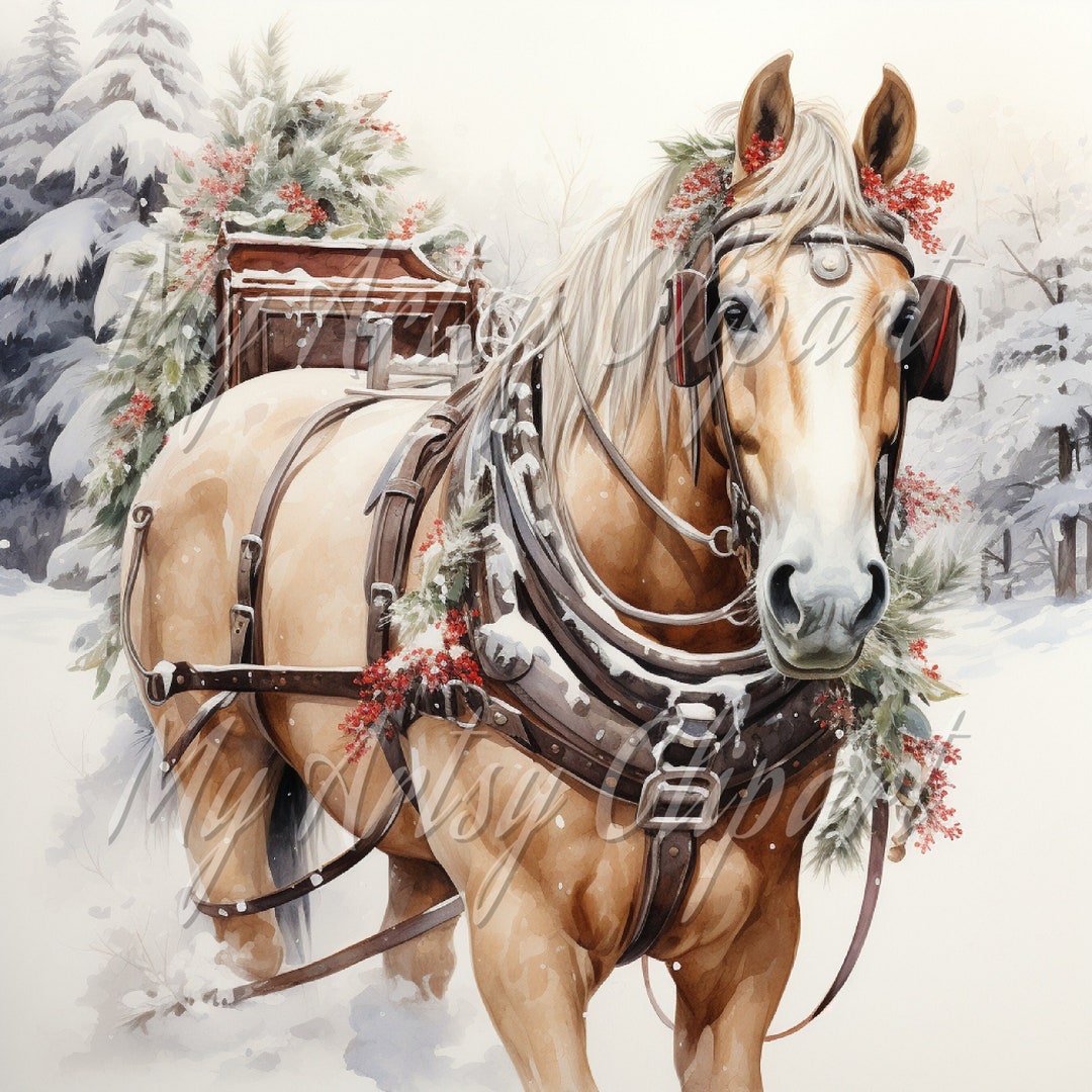 9 Xmas Watercolor Clipart Jpg, Horse Junk Journal Clipart, Horse and ...