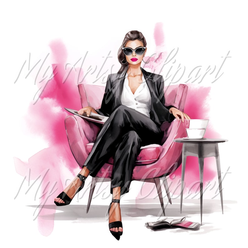 15 Girl Boss Pink Clipart, Light Skin Women Clipart, Pink Studio Office, Female Boss Illustration, Watercolor Women Clipart, Boss Lady Art image 3