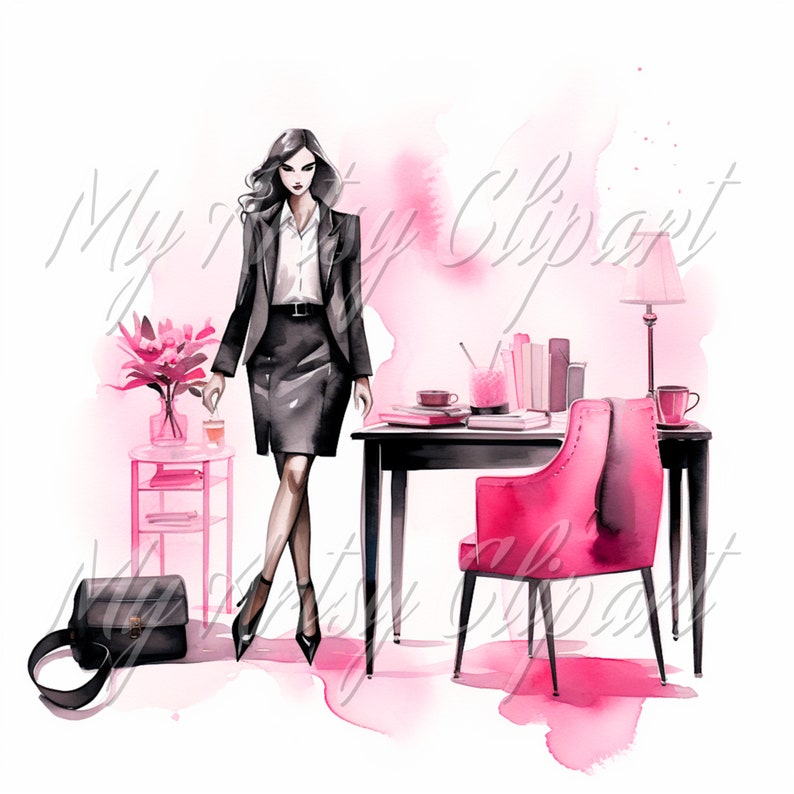 15 Girl Boss Pink Clipart, Light Skin Women Clipart, Pink Studio Office, Female Boss Illustration, Watercolor Women Clipart, Boss Lady Art image 8