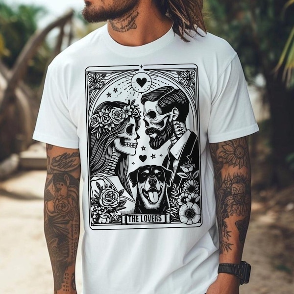 The Lovers Tarot Card PNG, Skeleton Love Sublimation Design, Celestial Witchy Lovers Skull Tarot Tshirt png SVG Cut File Download Dog Lover