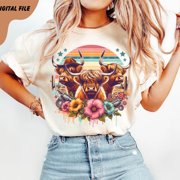 Western Highland Cow Png, Retro Cow Farm Sublimation Design, Highland Cow Floral, Highland Cow Farm, Mama Highland Cow Png, Mother's Day Png