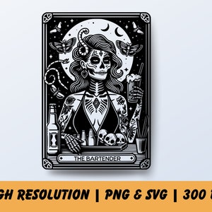 El bartender imprimible tarot camarera camisa diseño png tarot tarjeta svg esqueleto sublimación diseño tarot tarjeta diseño bruja polilla tarot archivo
