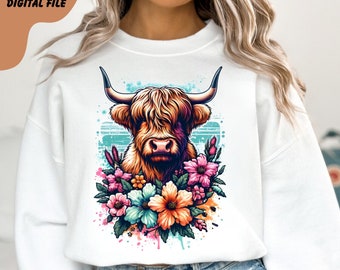 Vache Highland Floral, Aquarelle Vache Highland, Vache Highland Western Png, Conception De Sublimation De Ferme De Vache Rétro, Ferme De Vache Highland, Western Mama