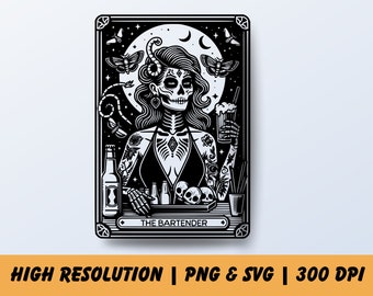 Conception de chemise de serveuse de tarot imprimable Le barman Carte de tarot Png Conception de sublimation squelette Svg Conception de carte de tarot Fichier de tarot mite sorcière