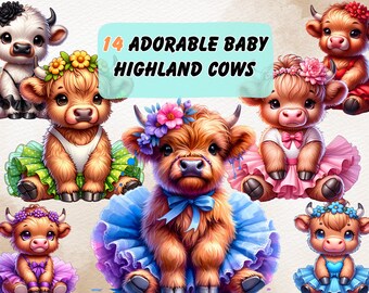 Ballerine bébé vache Highland Png, vache Highland Bundle, aquarelle Highland Clipart, ferme mignon Png, vache PNG Clipart, Western Mama Design