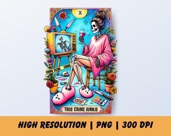 True Crime Junkie Tarot carte PNG, Design tendance par Sublimation squelette, Witchy Crime Lover Funny Tarot T-Shirt Mug PNG, téléchargement numérique