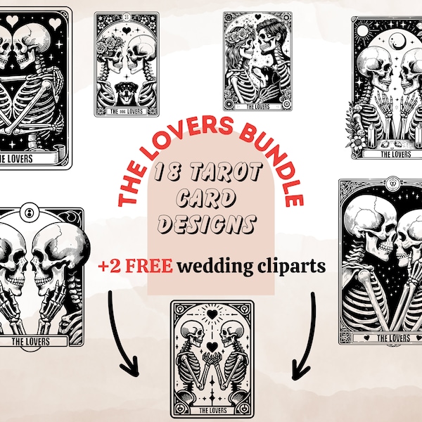 Unieke skelet liefhebbers bundel SVG PNG, The Lovers bundel SVG, The Lovers tarot kaart SVG PNG, skelet liefde bundel, Valentine skeletten SVG