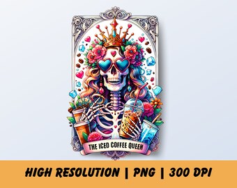 La reine du café glacé carte de tarot PNG, Cool populaire maman humour T-shirt PNG, conception de carte de tarot, tasse en verre de café glacé Png, amateurs de café surdoués