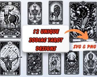 Tarot Png Oracle, zodiaque Tarot Deck Bundle Svg Png, dessins de cartes de tarot astrologie, carte de Tarot, cartes de Tarot SVG, signe du zodiaque Png