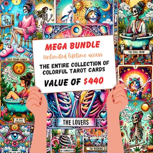 Mega Bundle Whole Shop Cartas de tarô coloridas e engraçadas, pacote de cartas de tarô para download, presente de cartas de tarô, pacote de esqueleto, cartão de esqueleto de tarô