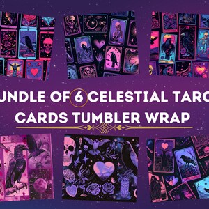 May include: A set of six celestial tarot card designs in a bundle. The designs feature a dark background with a variety of tarot cards, skulls, ravens, and other celestial imagery in shades of pink, purple, and blue.