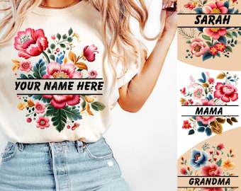 Cadre floral personnalisé, nom personnalisé, PNG grand-mère personnalisé, enseignant floral personnalisé, brodé png, fleurs sauvages personnalisées png, nom d'enfant personnalisé