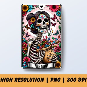 Die Tante Lustige Tarot-Karte PNG, Zukünftige Geschenk, Frau Skelett Tante Sublimationsdesign, Witchy Schädel Lieblingstante T-Shirt Becher PNG-Datei