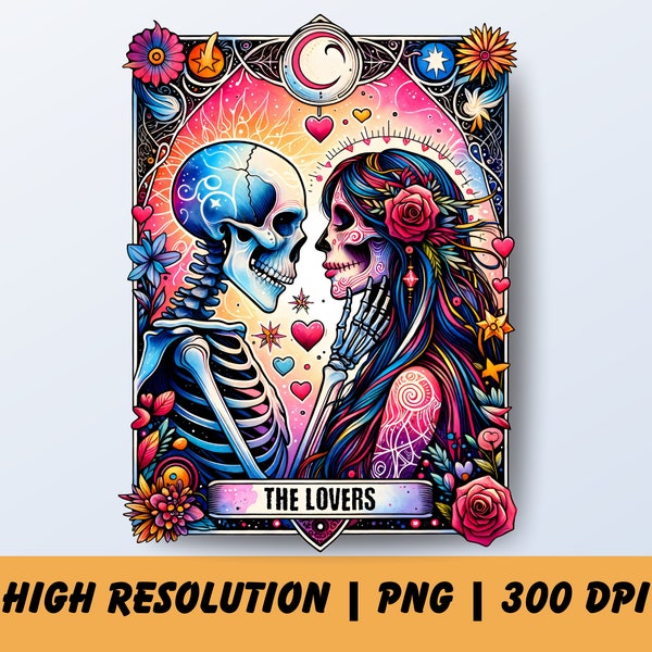 Celestial Lover Tarot Card Png, Lovers Tarot Designs, Colorful Skeletons, Witchy Lovers Downloadable Tarot, Skeleton Love Sublimation Design