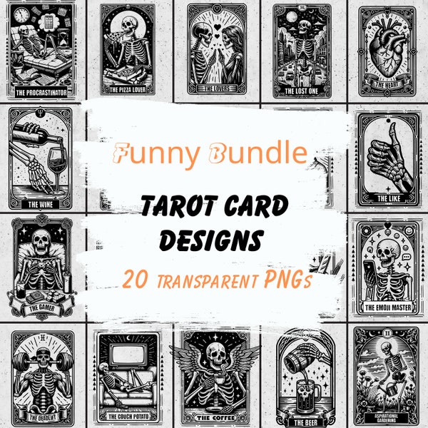 Lot de cartes de tarot drôle, cadeau de conception de carte de tarot, carte de tarot drôle PNG, lot de cliparts squelette, conception de chemise squelette, téléchargement numérique