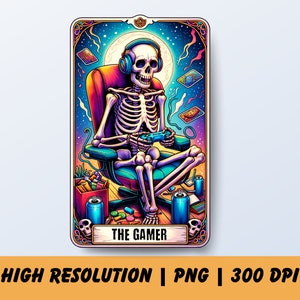 Die Gamer Herunterladbare Tarot Karte, Gaming Clipart, PNG Videospiel, Gamer Begabte, Lustiges Skelett, Lustiges druckbares Tarot Karten Geschenk für Gamer