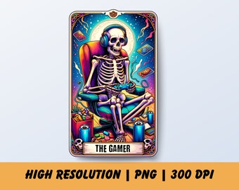 La carte de tarot téléchargeable pour joueur, des cliparts de jeu, du jeu vidéo PNG, surdoué pour les joueurs, squelette drôle, cadeau de carte de tarot imprimable drôle pour les joueurs