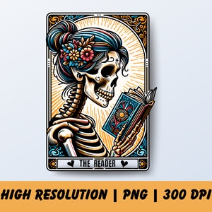 Reading Design, Skeleton Designs Png, The Reader Tarot Card PNG, Reading Skeleton Sublimation Design, Book Lover Skull Tarot T-shirt Mug PNG