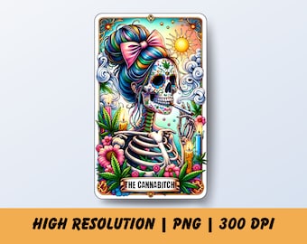 La carte de tarot Cannabitch PNG, lapidé tarot, conception drôle de sublimation de cannabis 420, fichier PNG de t-shirt fumeur de pot d'herbe de sorcière colorée
