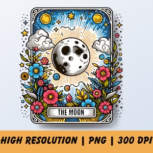Design de cartas de tarô da lua, cartas de tarô coloridas, lua png, carta de tarô png, carta de tarô imprimível, design de sublimação de vibrações bruxas, arquivos de tarô
