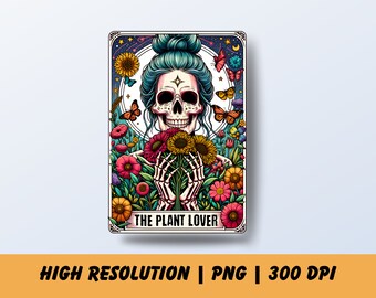 La carta de tarot amante de las plantas PNG, Diseño de sublimación de esqueleto, Taza de camiseta de tarot de calavera de planta divertida, Archivo PNG, Descarga digital