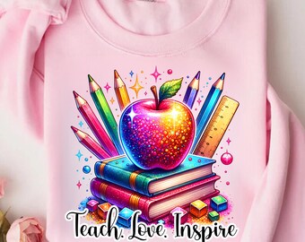 Teach Love Inspire Png, Png scintillant pour enseignant, Conception enseignante meilleure vente, Conception sublimation aquarelle meilleure enseignant, Conception enseignante unique