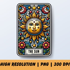 The Sun Tarot Card Design, cartas de tarô coloridas, Sun Png, Tarot Card Png, carta de tarô para impressão, design de sublimação de vibrações de bruxa, arquivos de tarô
