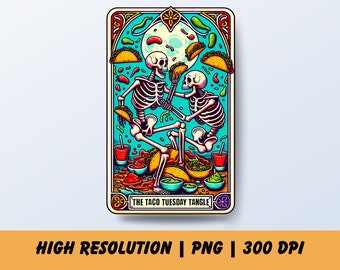 Tarot téléchargeable drôle, taco png, danse squelette, carte de tarot imprimable, tshirt squelette sarcastique drôle sublimation Png, PNG comique comique