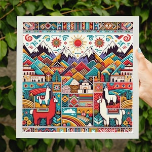 以下が含まれることがあります： 2頭のラマがいる山の風景のカラフルな幾何学的なイラスト。シーンは、太陽、雲、伝統的なアンデスデザインなど、複雑なパターンとディテールでいっぱいです。